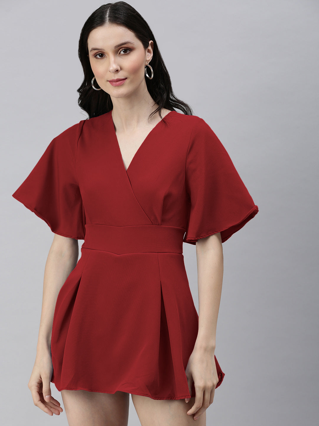 Women's Red Short Sleeves V-Neck Jumpsuit