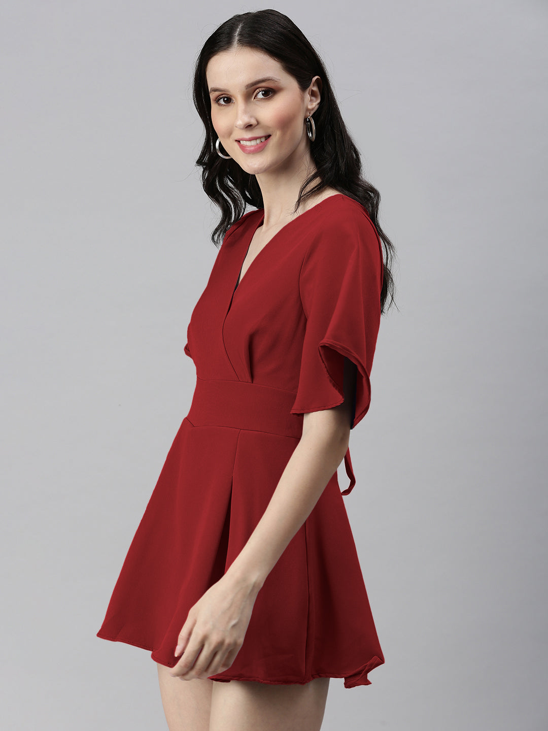 Women's Red Short Sleeves V-Neck Jumpsuit