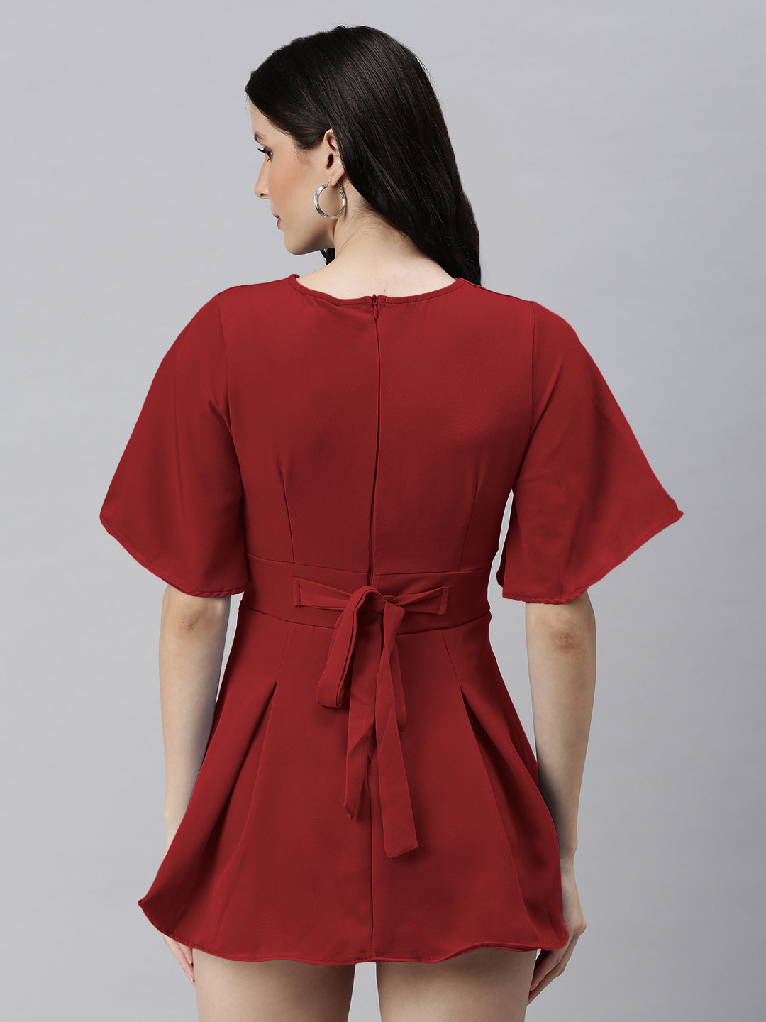 Women's Red Short Sleeves V-Neck Jumpsuit