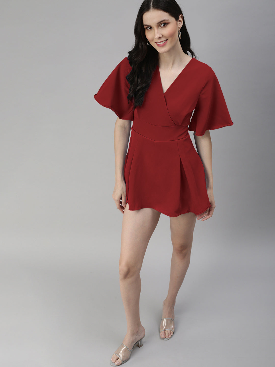 Women's Red Short Sleeves V-Neck Jumpsuit