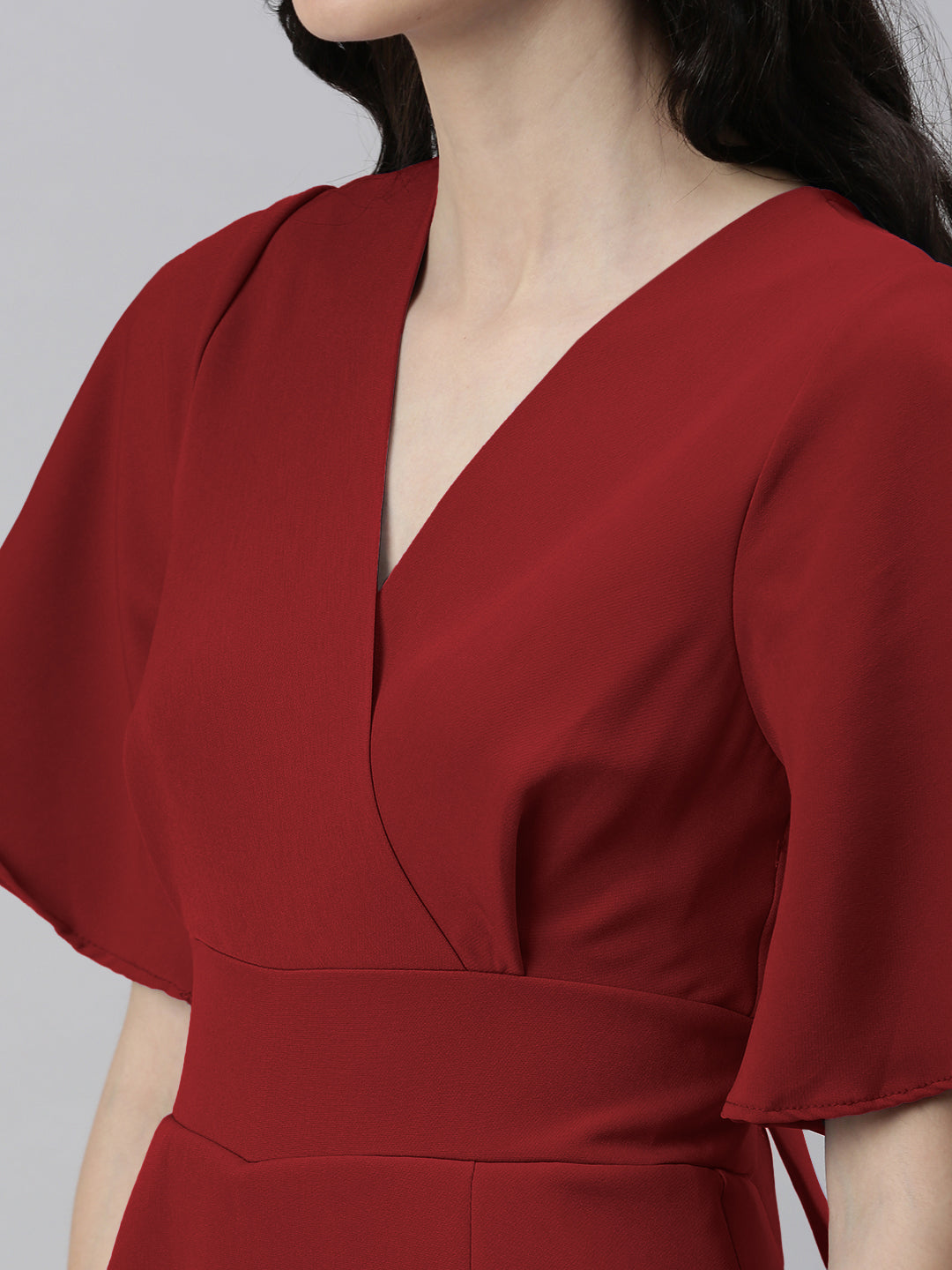 Women's Red Short Sleeves V-Neck Jumpsuit