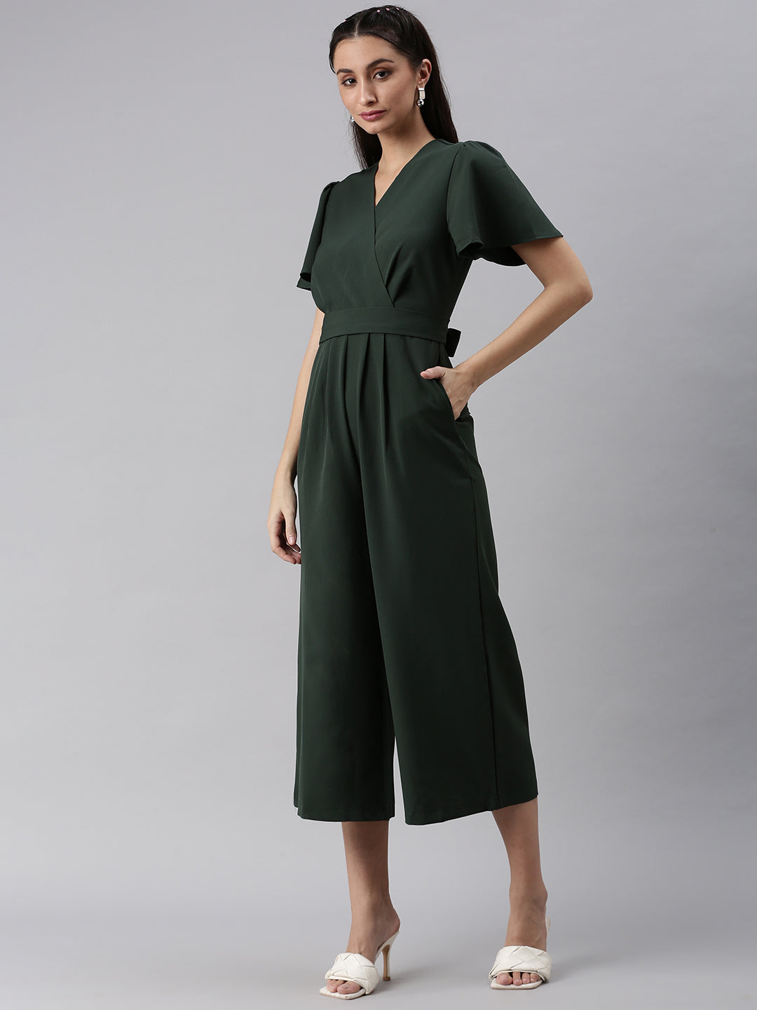 Women V-Neck Solid Green Basic Jumpsuit