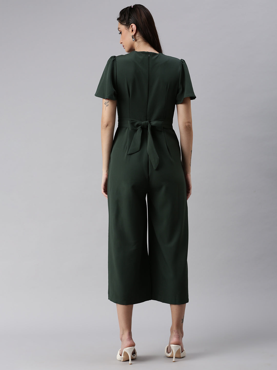 Women V-Neck Solid Green Basic Jumpsuit