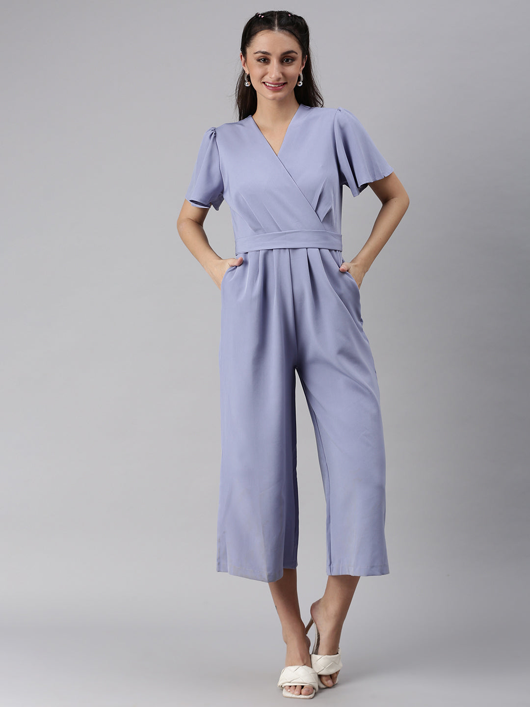 Women V-Neck Solid Purple Basic Jumpsuit