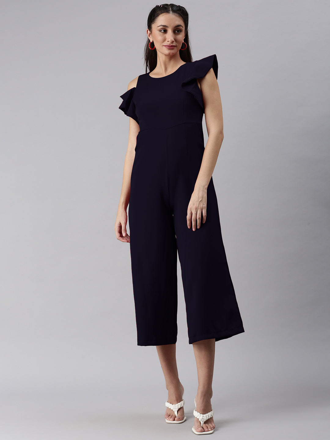 Women Round Neck Navy Blue Solid Jumpsuit