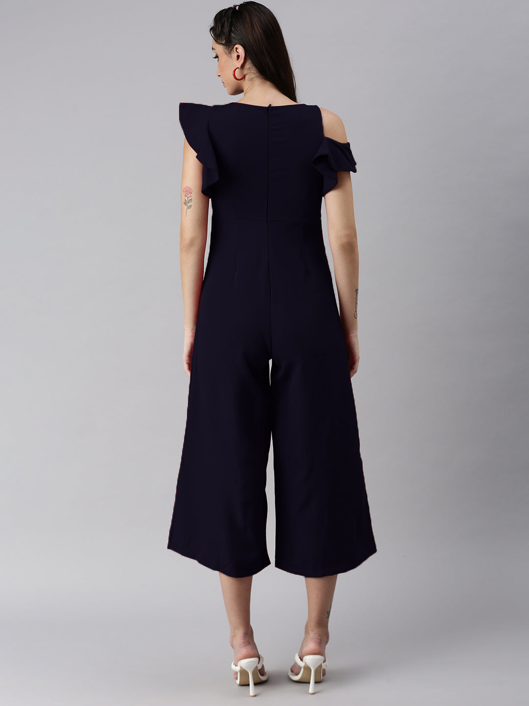 Women Round Neck Navy Blue Solid Jumpsuit