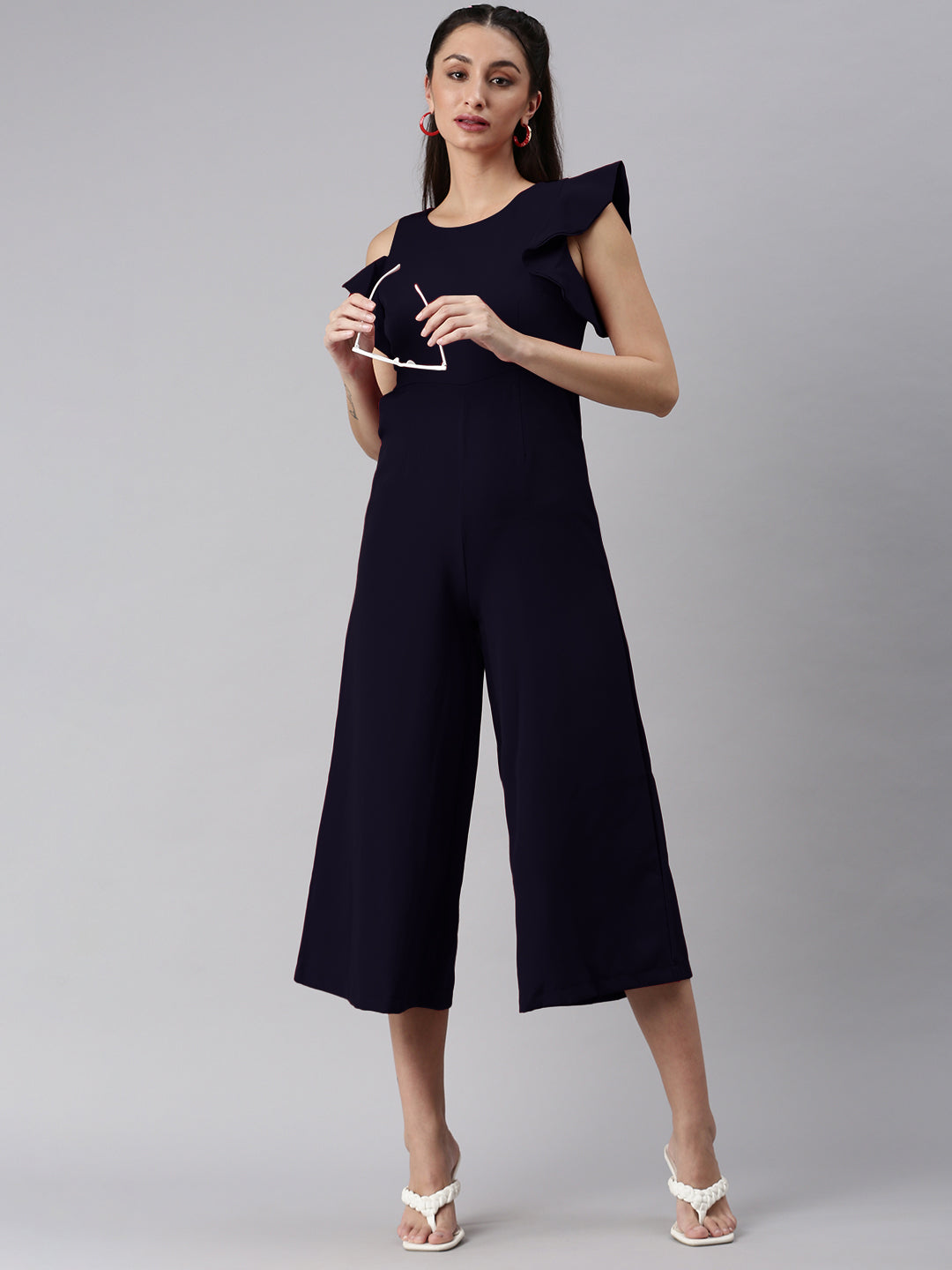 Women Round Neck Navy Blue Solid Jumpsuit