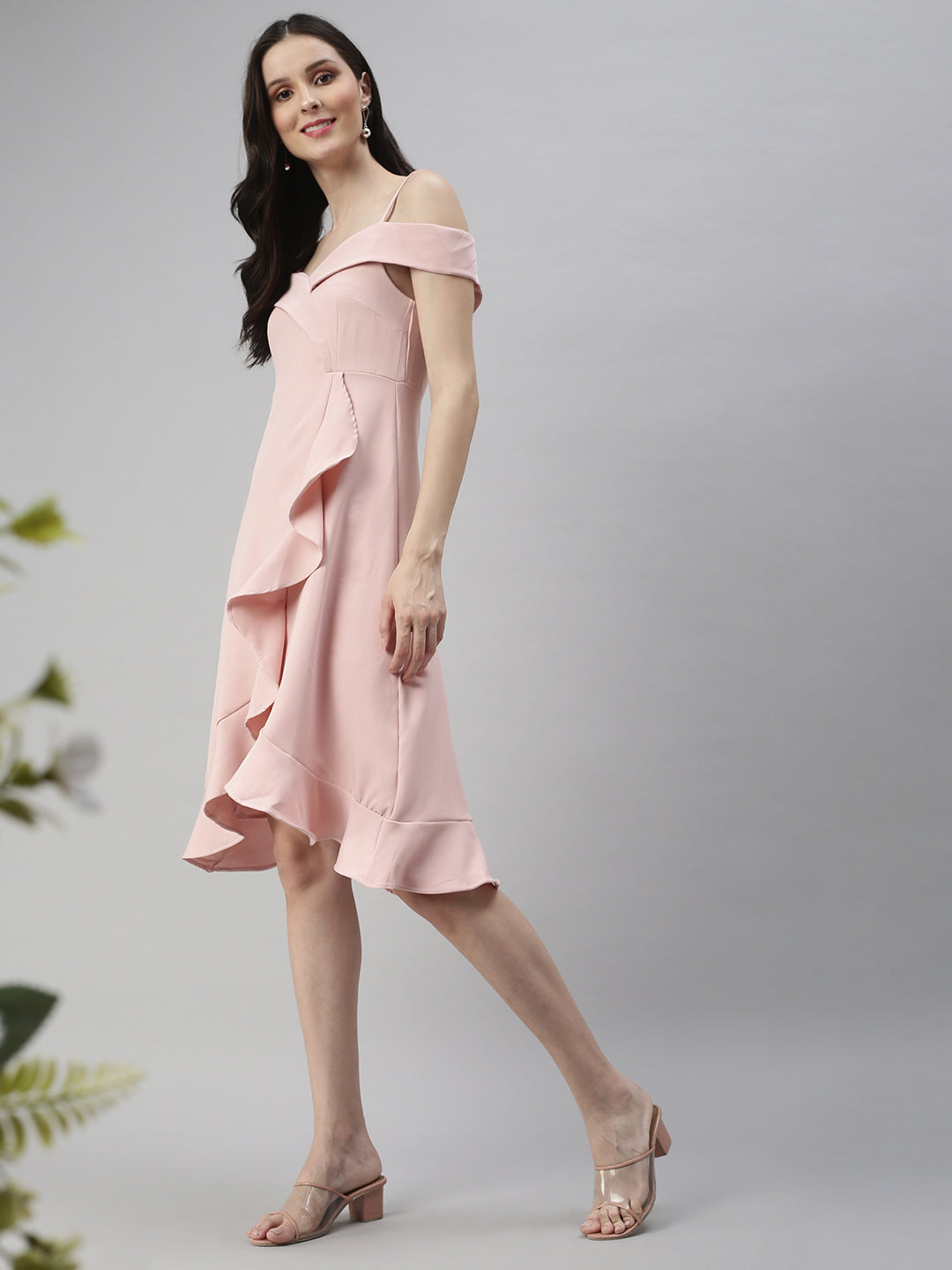 Women Shoulder Straps Solid A-Line Pink Dress