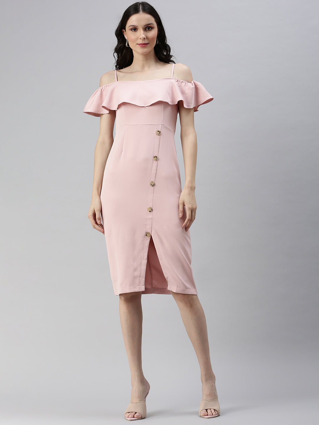 Women Off-Shoulder Solid A-Line Pink Dress