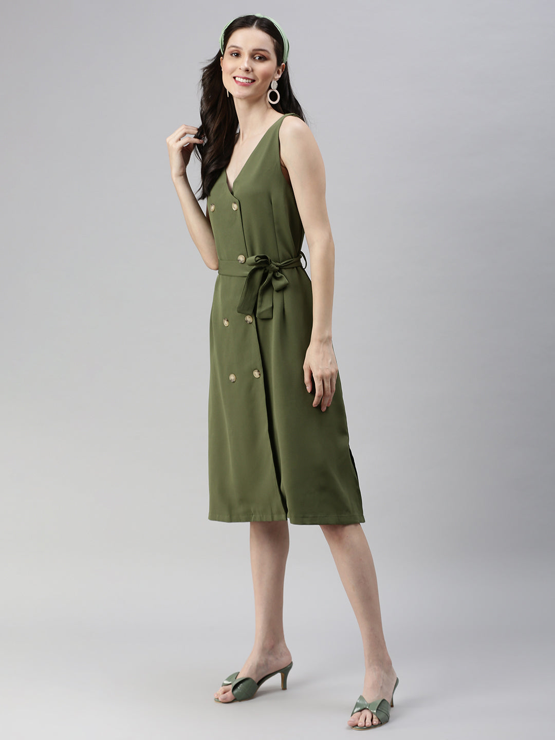 Women V-Neck Solid Shirt Style Dark Green Dress