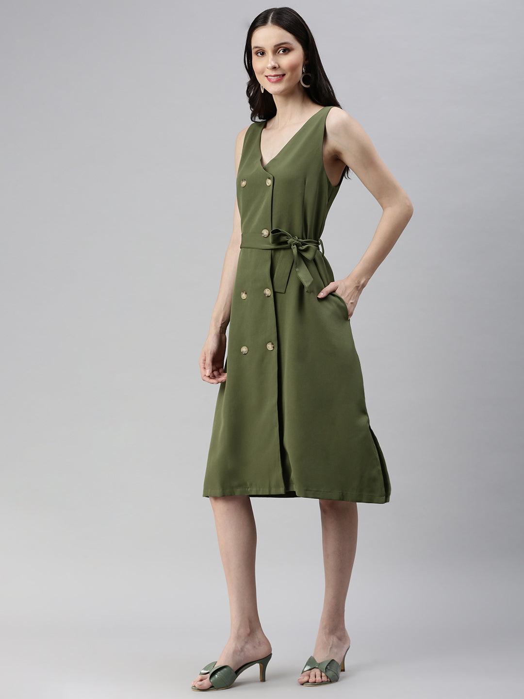 Women V-Neck Solid Shirt Style Dark Green Dress