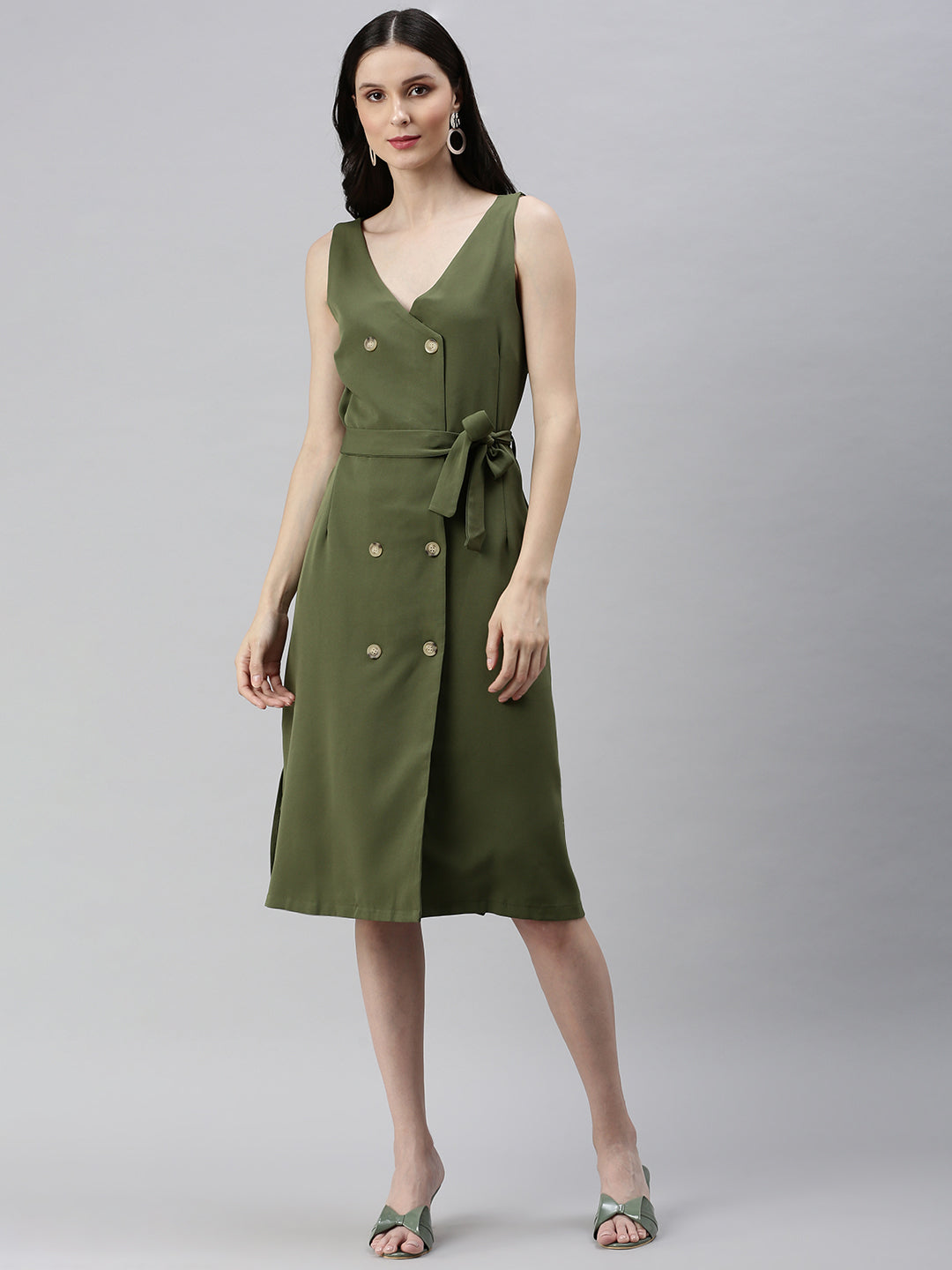 Women V-Neck Solid Shirt Style Dark Green Dress