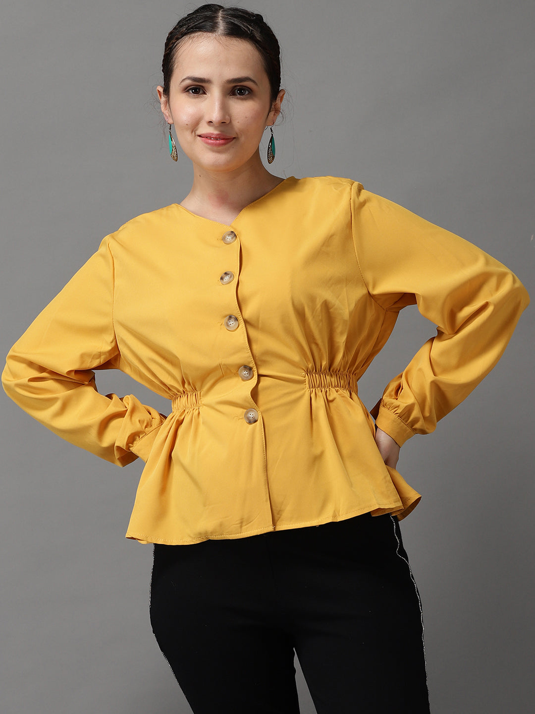 Women V-Neck Solid Mustard Cinched Waist Top