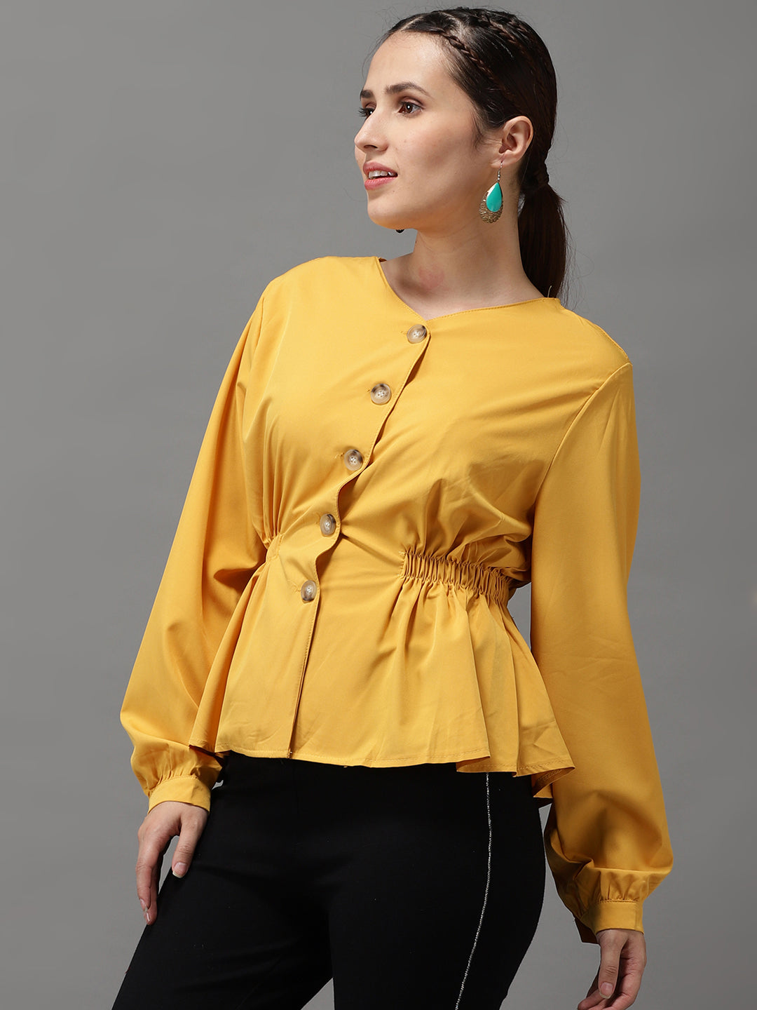 Women V-Neck Solid Mustard Cinched Waist Top