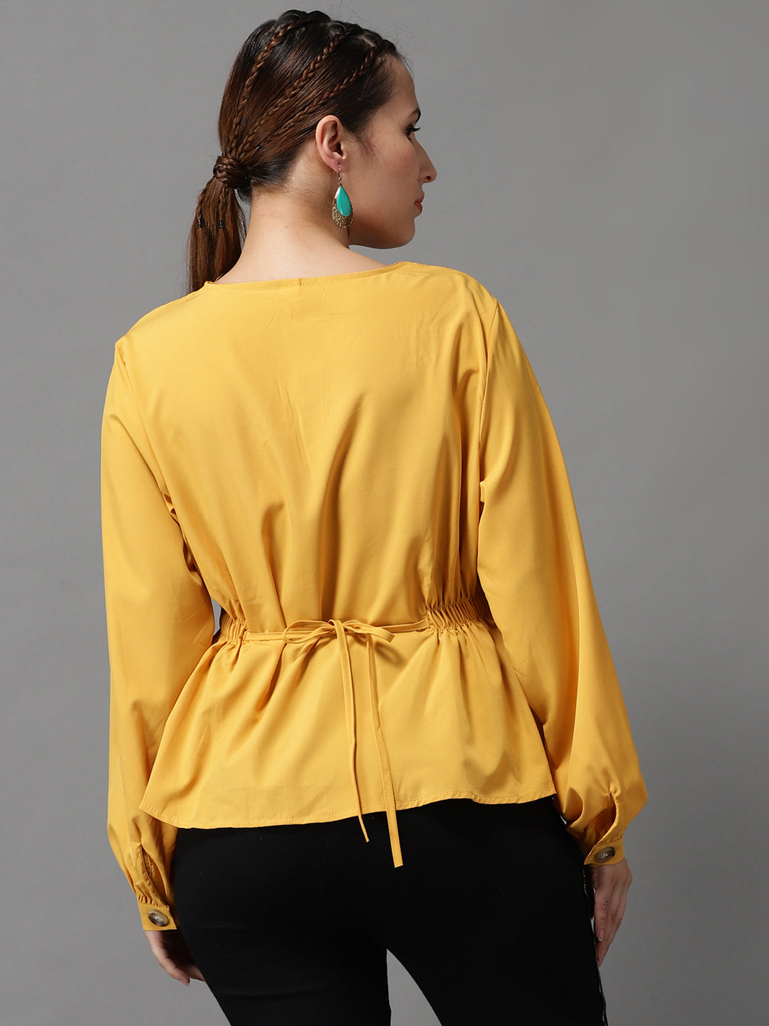 Women V-Neck Solid Mustard Cinched Waist Top