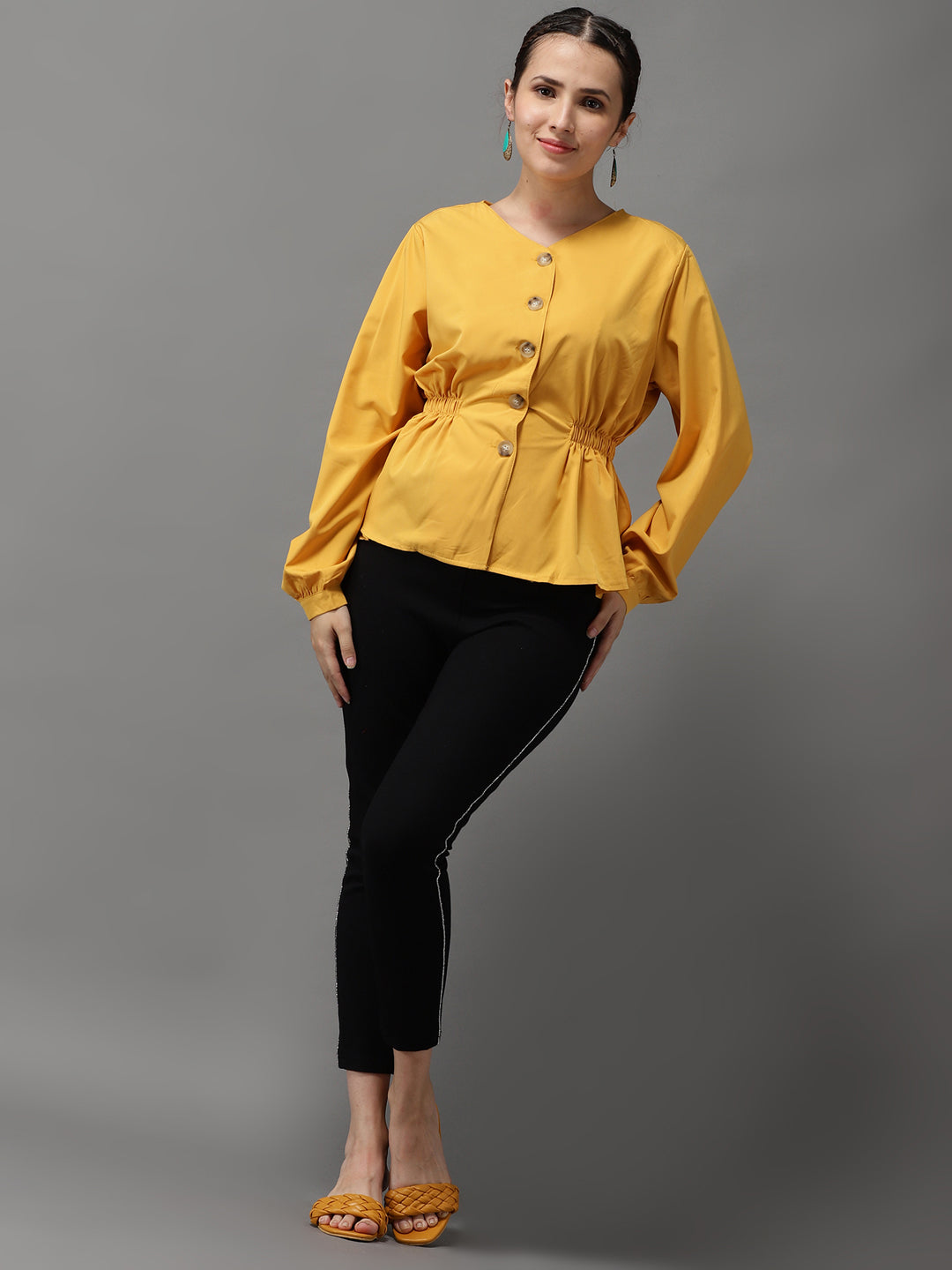 Women V-Neck Solid Mustard Cinched Waist Top