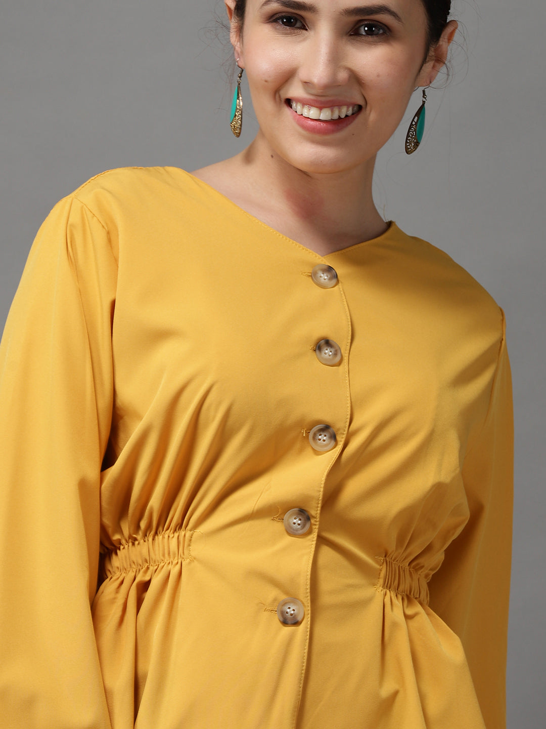 Women V-Neck Solid Mustard Cinched Waist Top