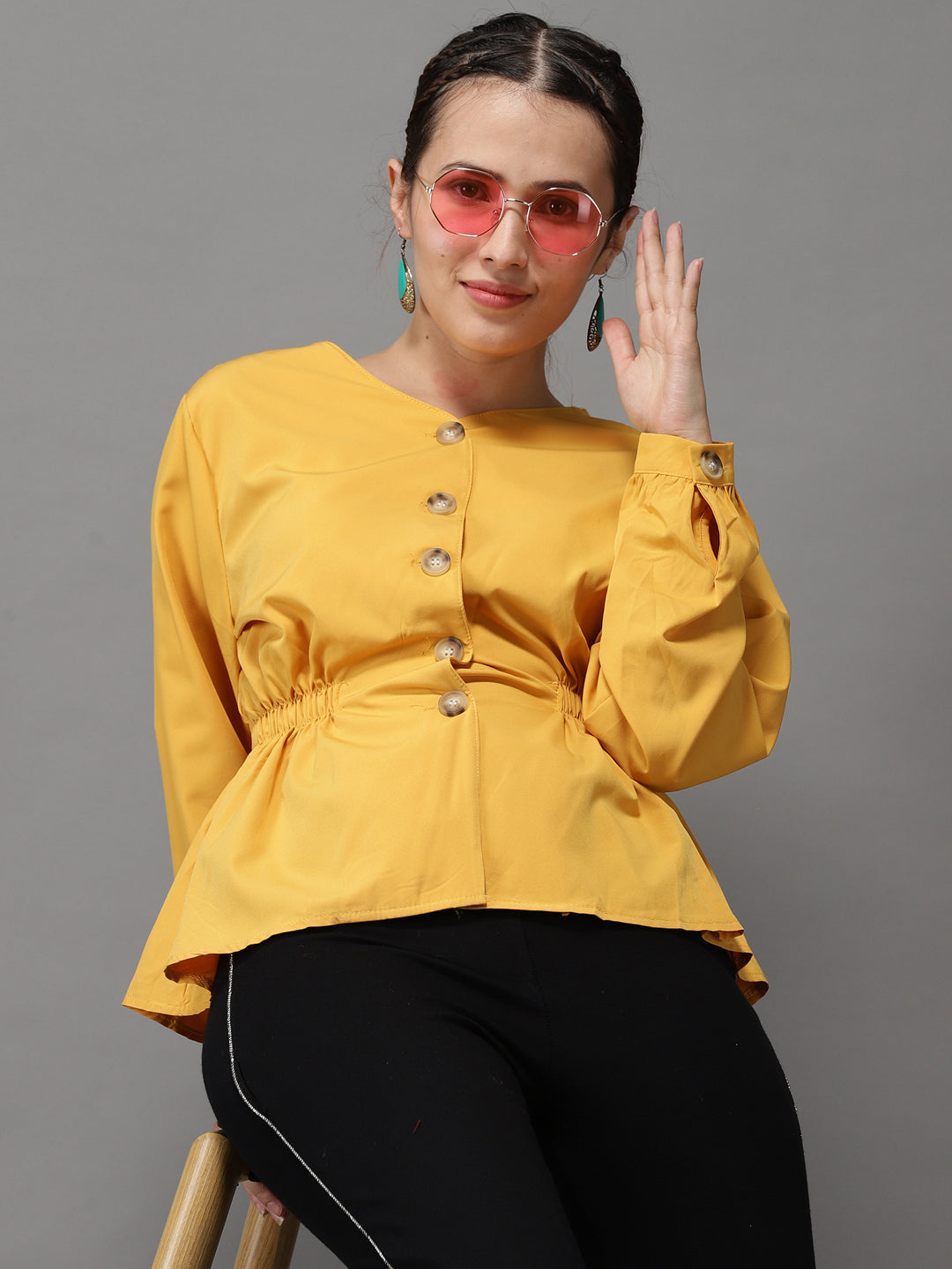 Women V-Neck Solid Mustard Cinched Waist Top