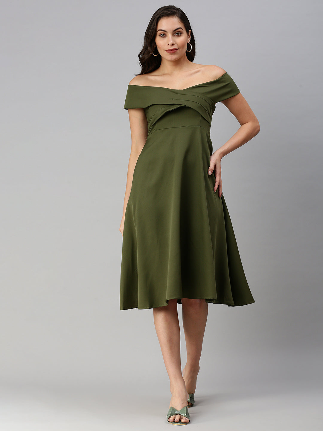 Women Boat Neck Solid Fit and Flare Olive Dress