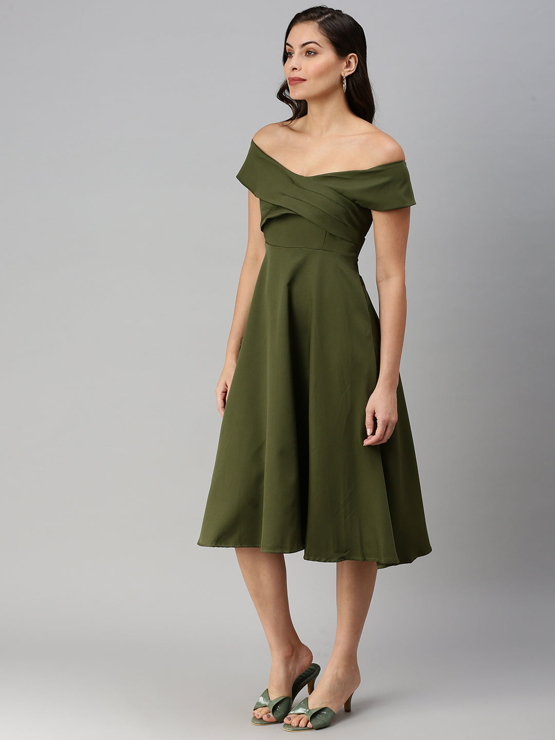 Women Boat Neck Solid Fit and Flare Olive Dress