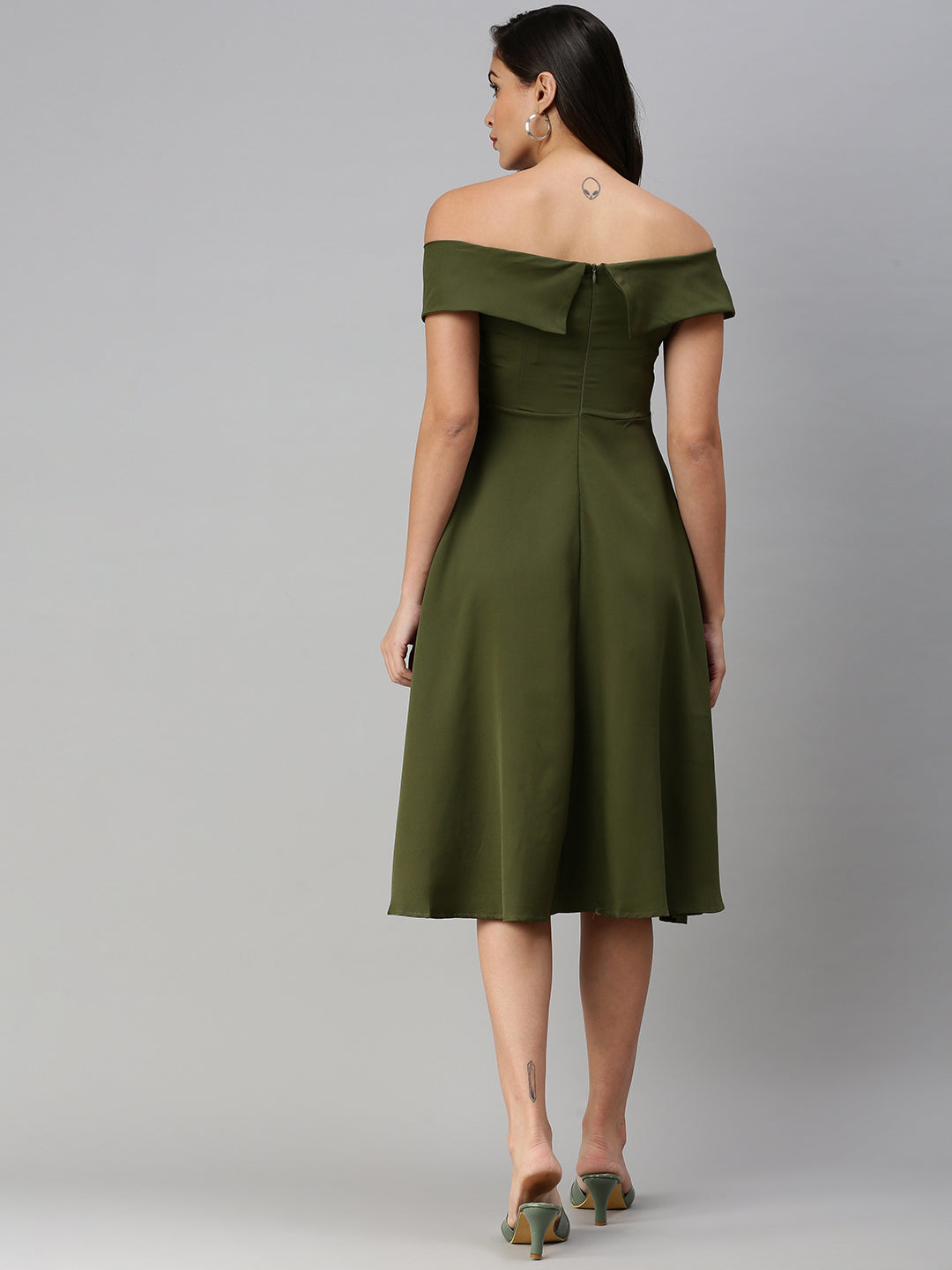 Women Boat Neck Solid Fit and Flare Olive Dress