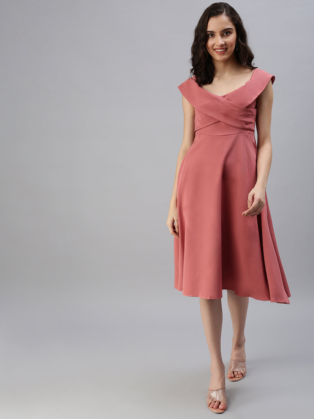 Women Boat Neck Solid Fit and Flare Taupe Dress