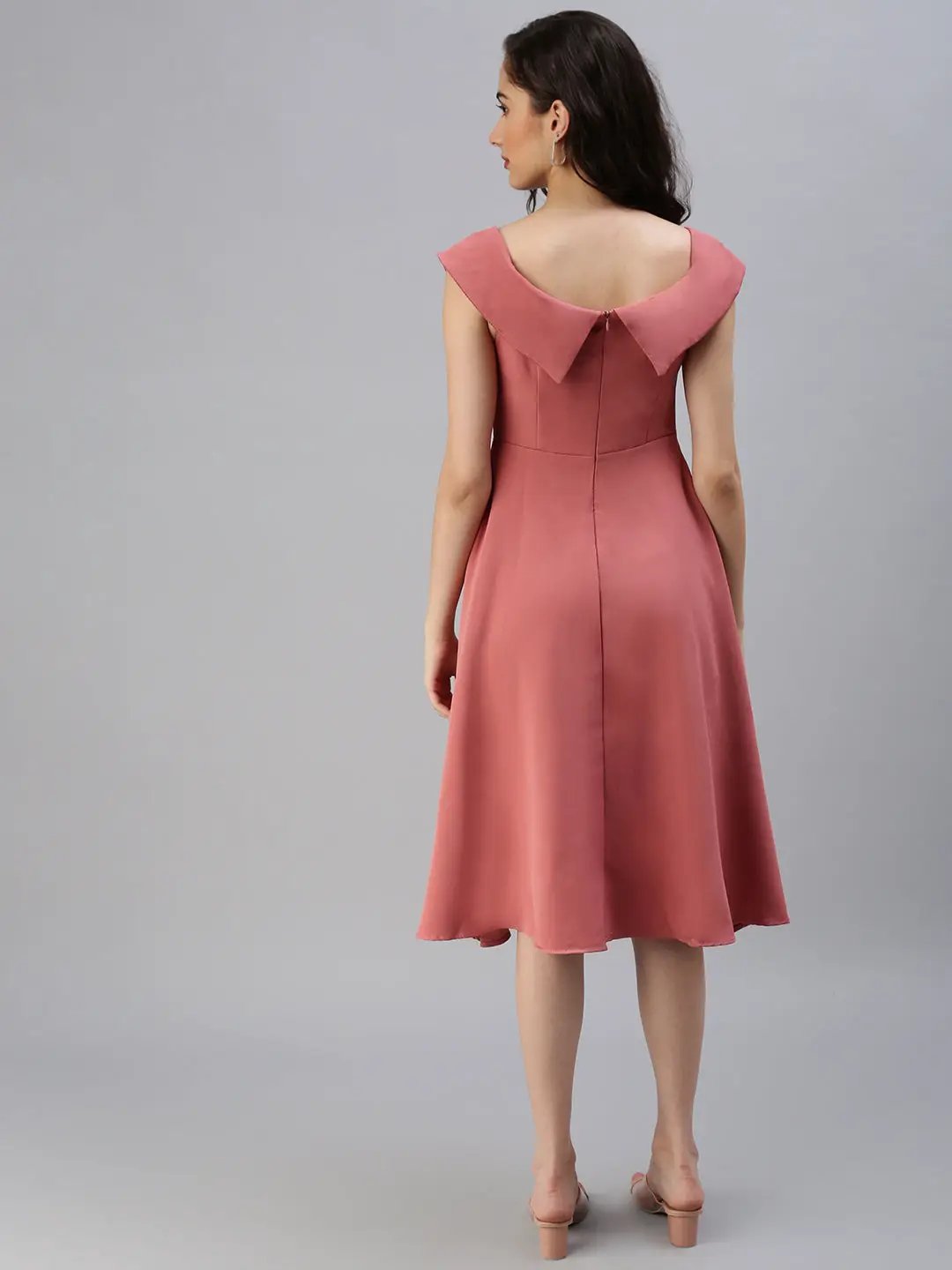 Women's Boat Neck Solid Fit and Flare Taupe Dress