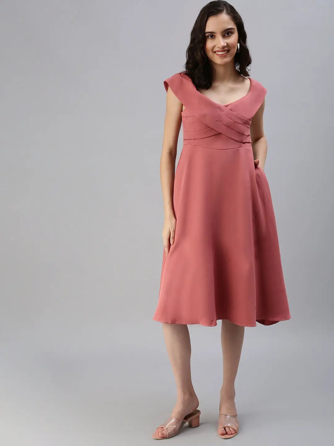 Women's Boat Neck Solid Fit and Flare Taupe Dress