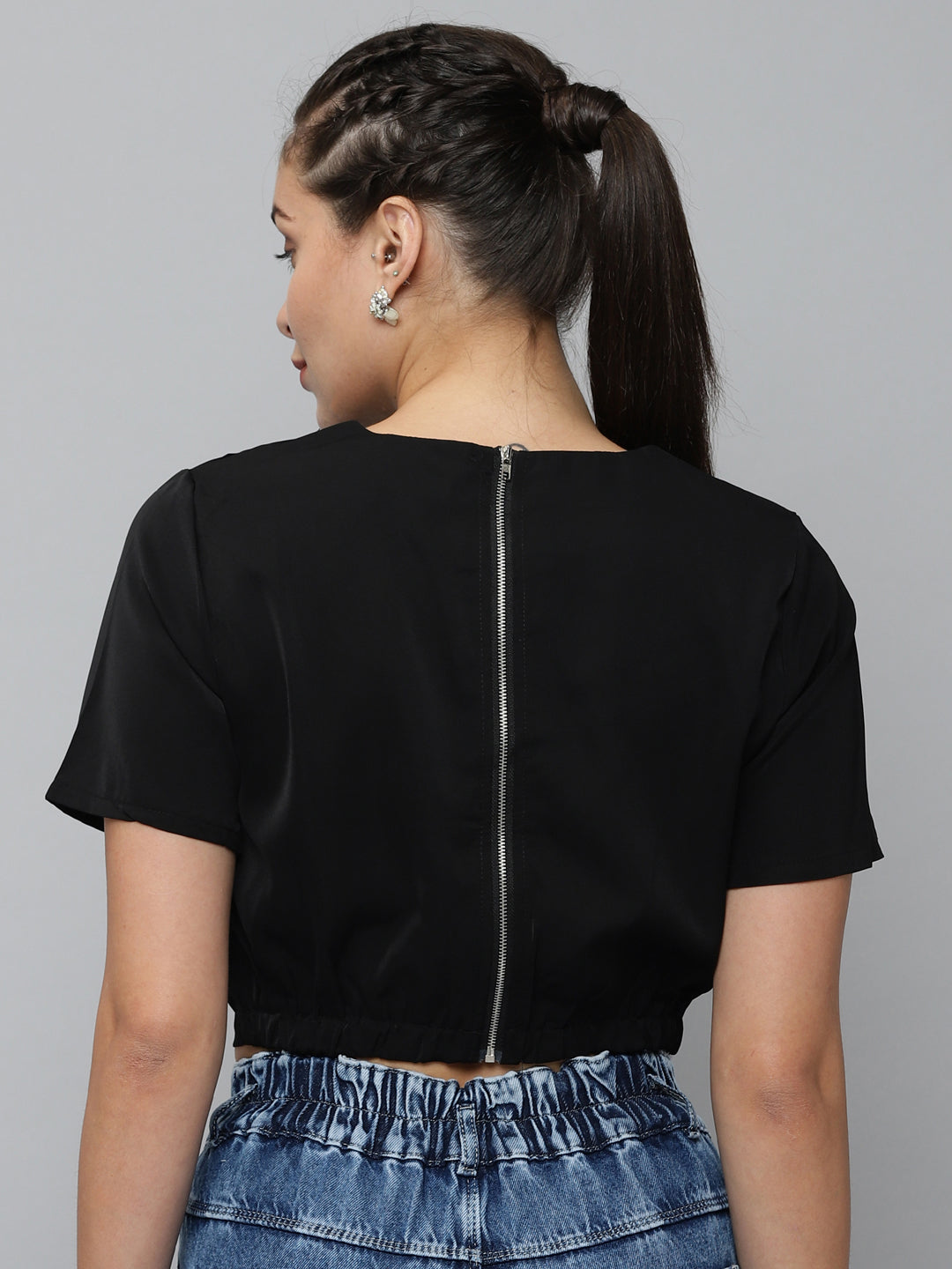 Women Solid Black Cinched Waist Top