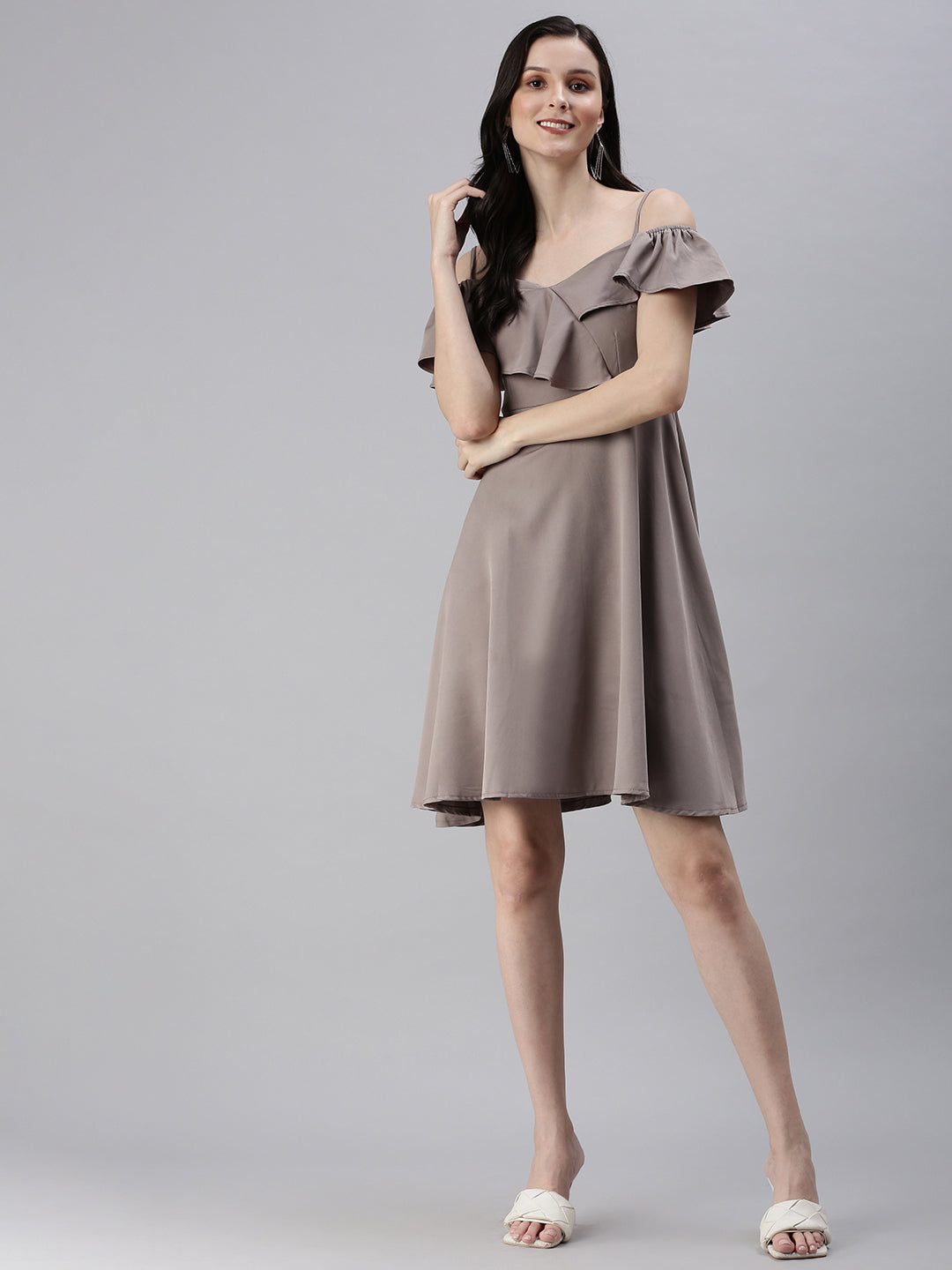 Women Shoulder Straps Solid Fit and Flare Taupe Dress