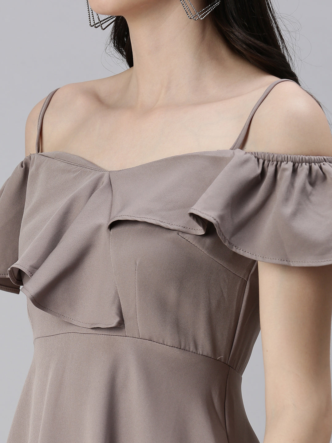 Women Shoulder Straps Solid Fit and Flare Taupe Dress