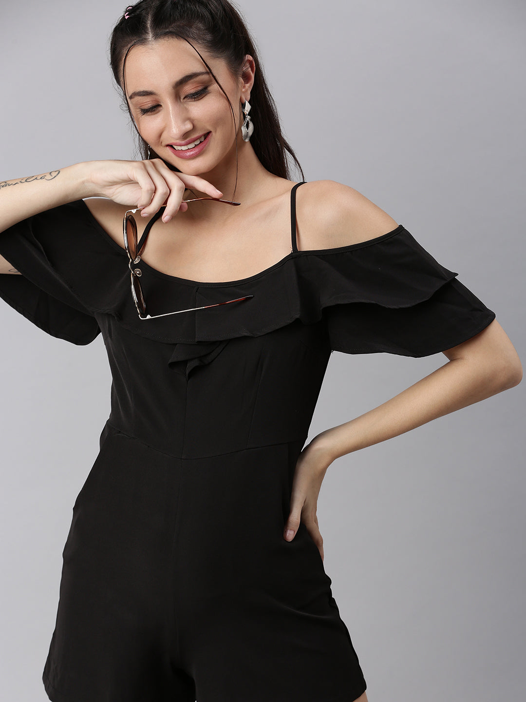 Women Shoulder Straps Solid Black Playsuit