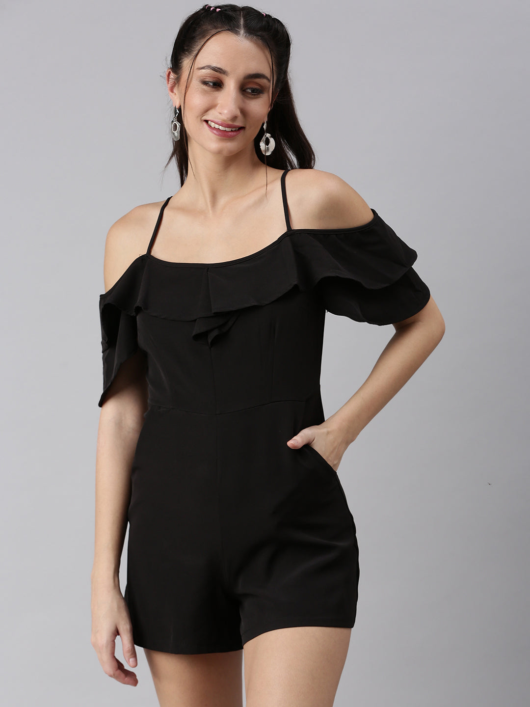 Women Shoulder Straps Solid Black Playsuit