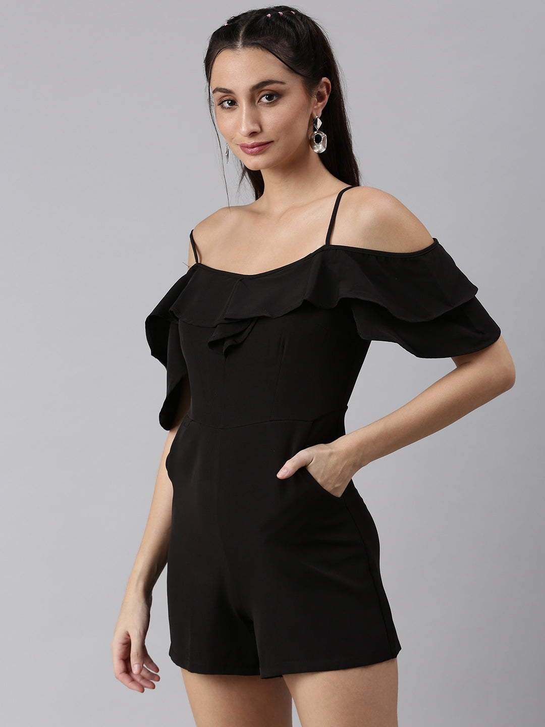 Women Shoulder Straps Solid Black Playsuit