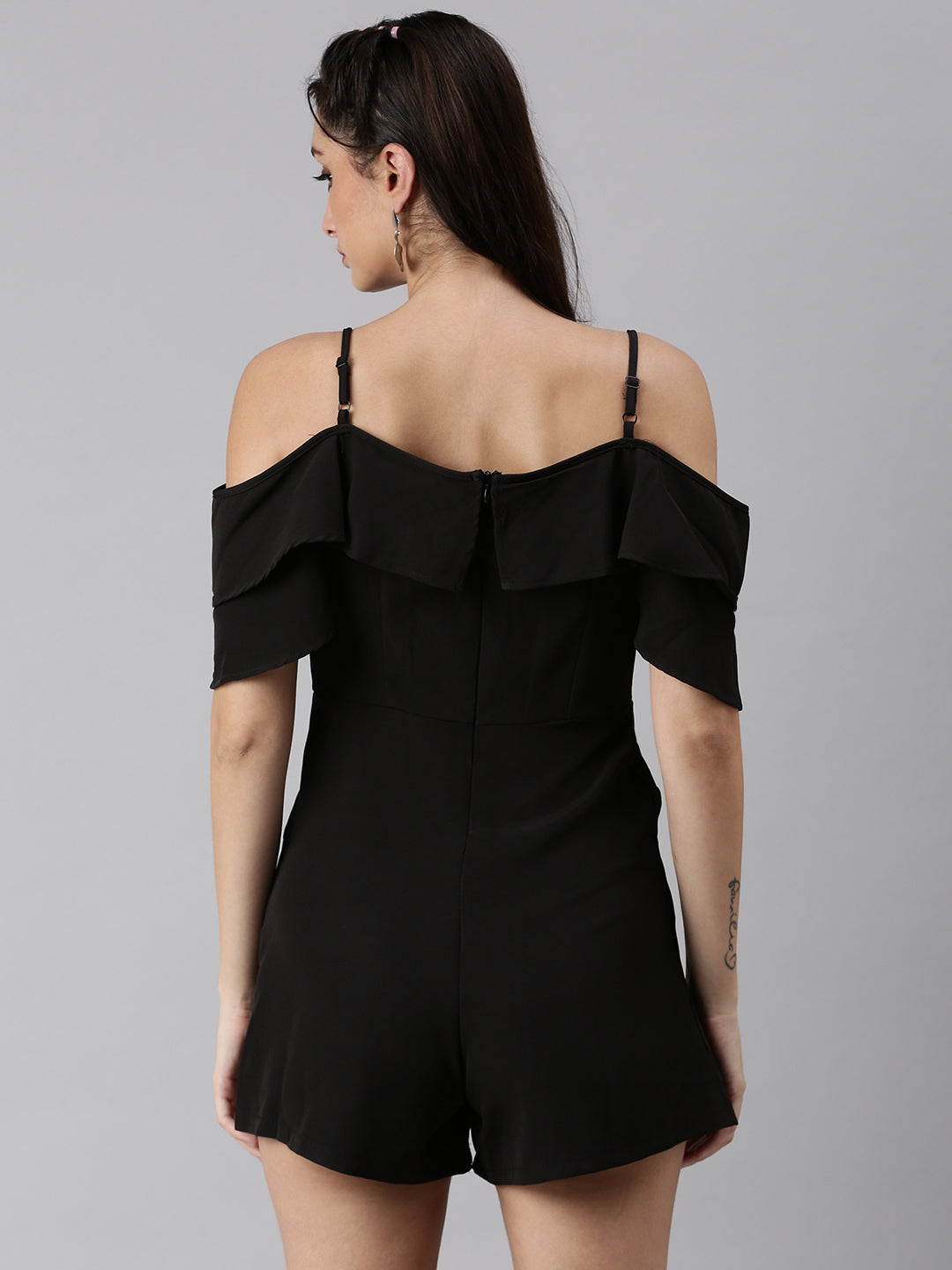 Women Shoulder Straps Solid Black Playsuit