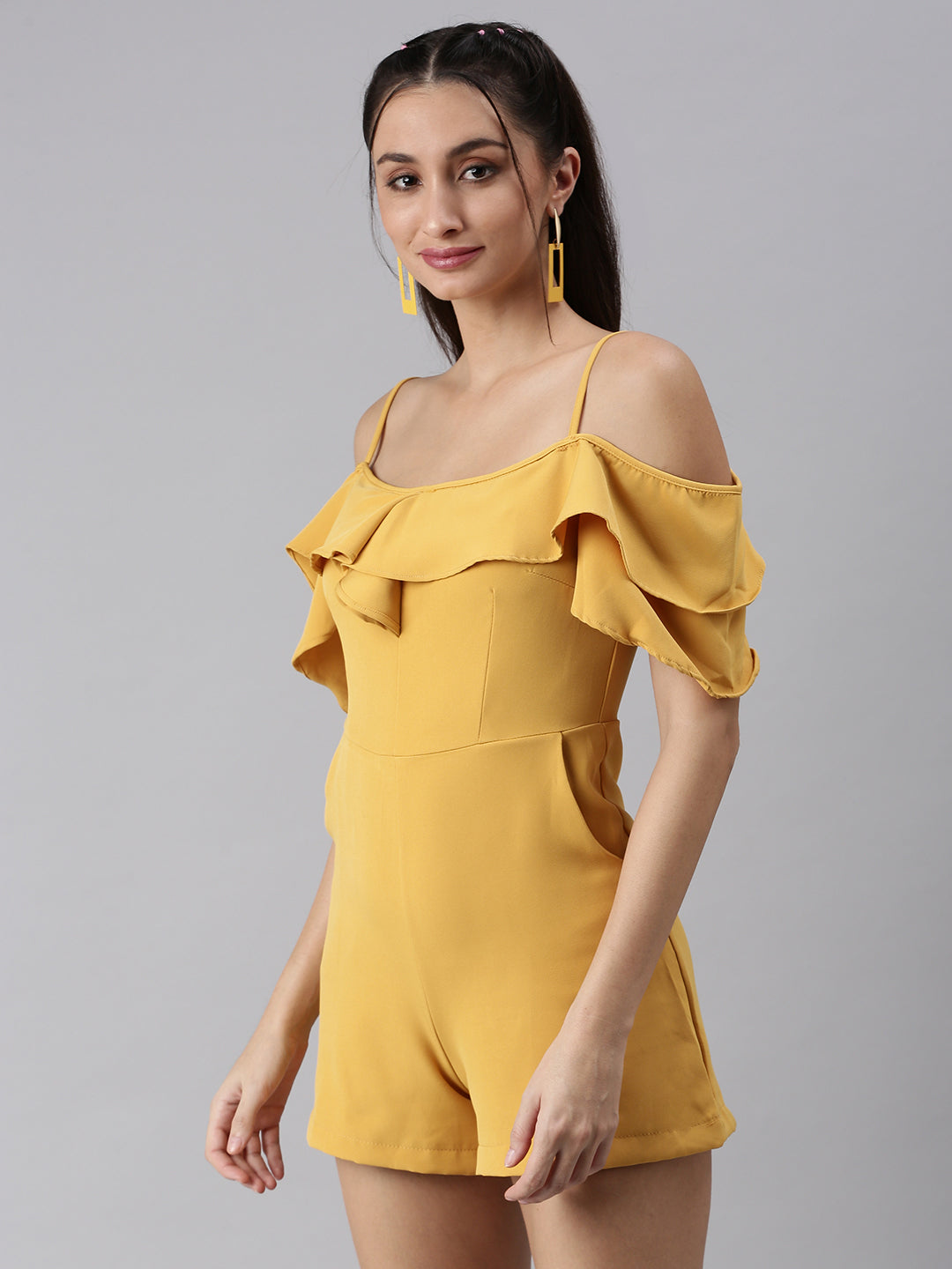 Women Shoulder Straps Solid Mustard Playsuit