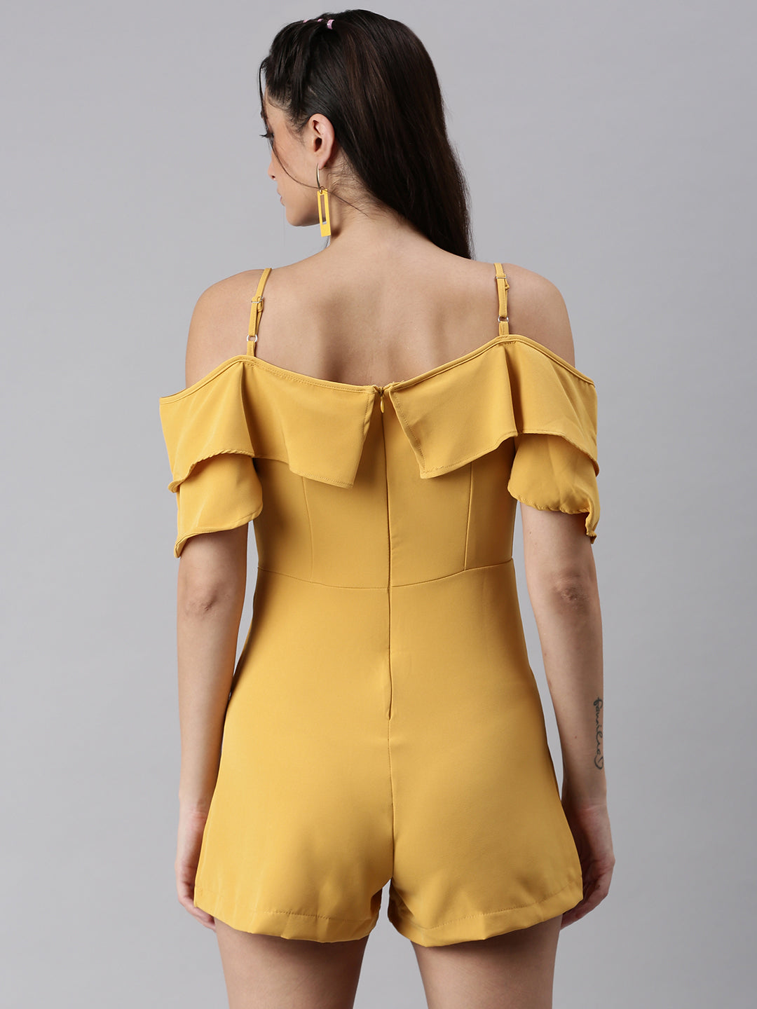 Women Shoulder Straps Solid Mustard Playsuit