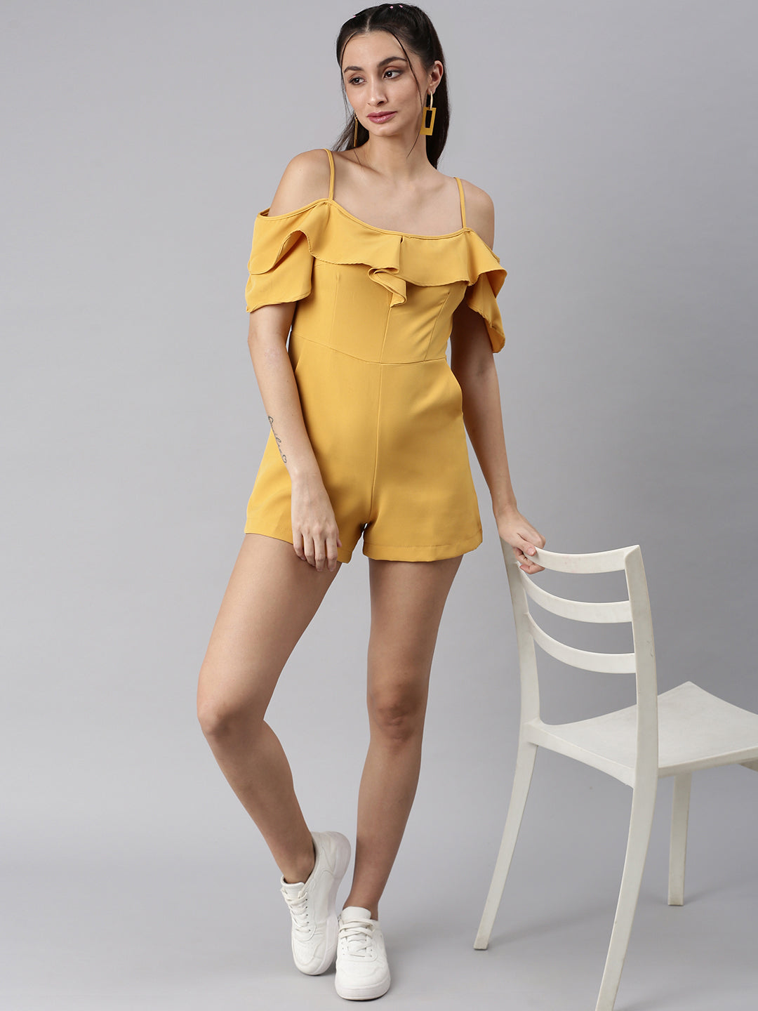 Women Shoulder Straps Solid Mustard Playsuit