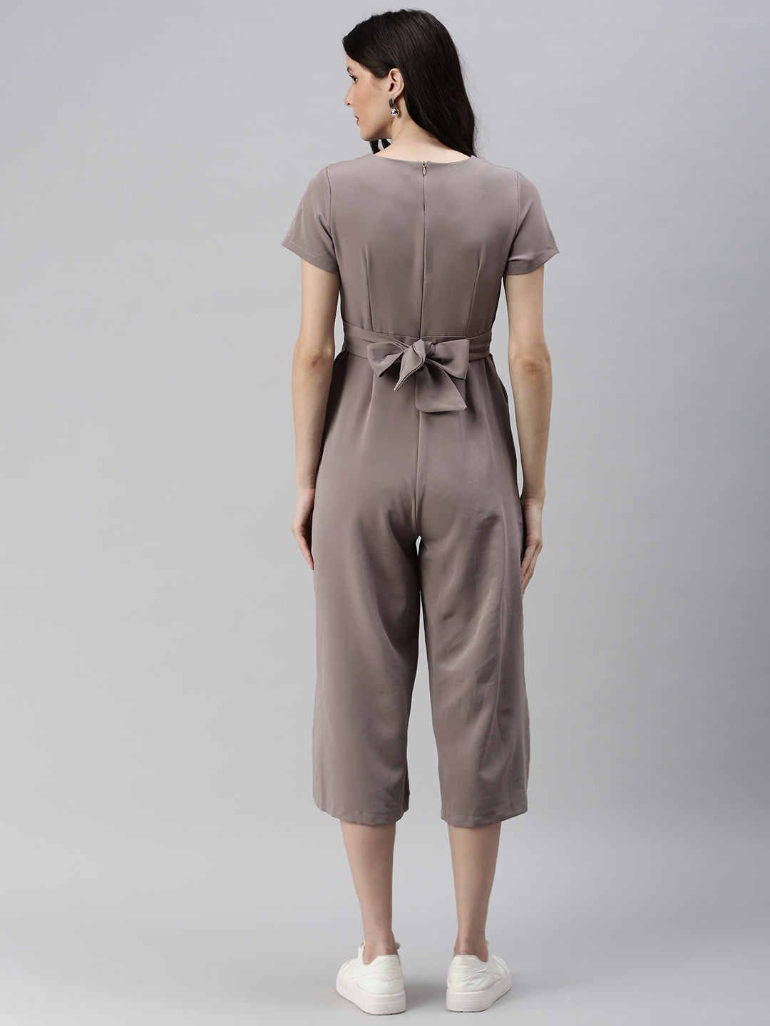 Women V-Neck Solid Beige Capri Jumpsuit