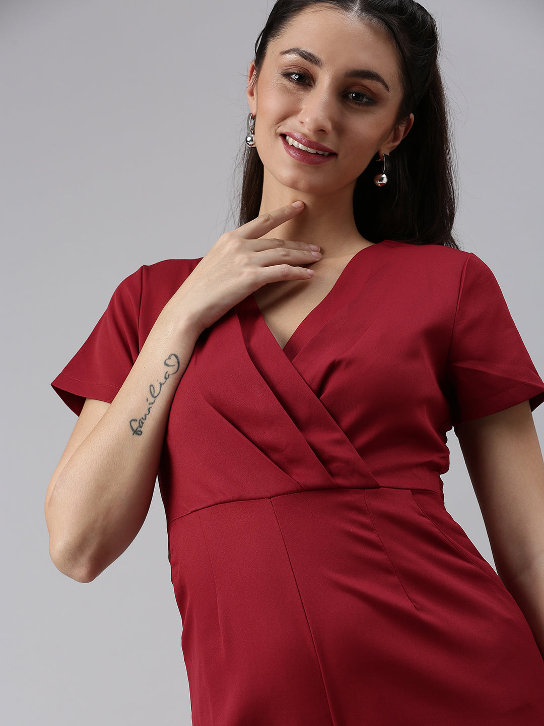 Women V-Neck Solid Maroon Capri Jumpsuit