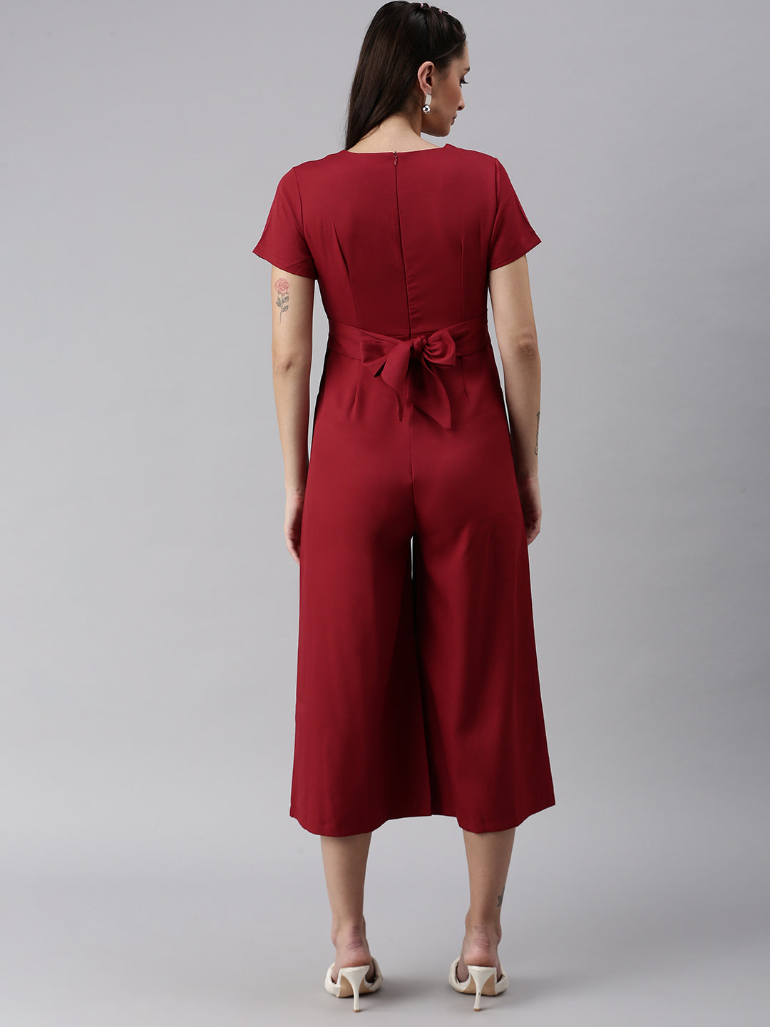 Women V-Neck Solid Maroon Capri Jumpsuit