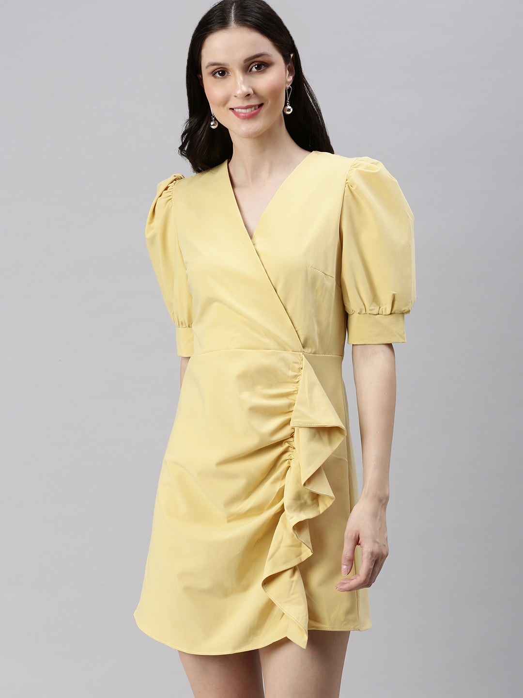 Women V-Neck Solid Fit and Flare Yellow Dress