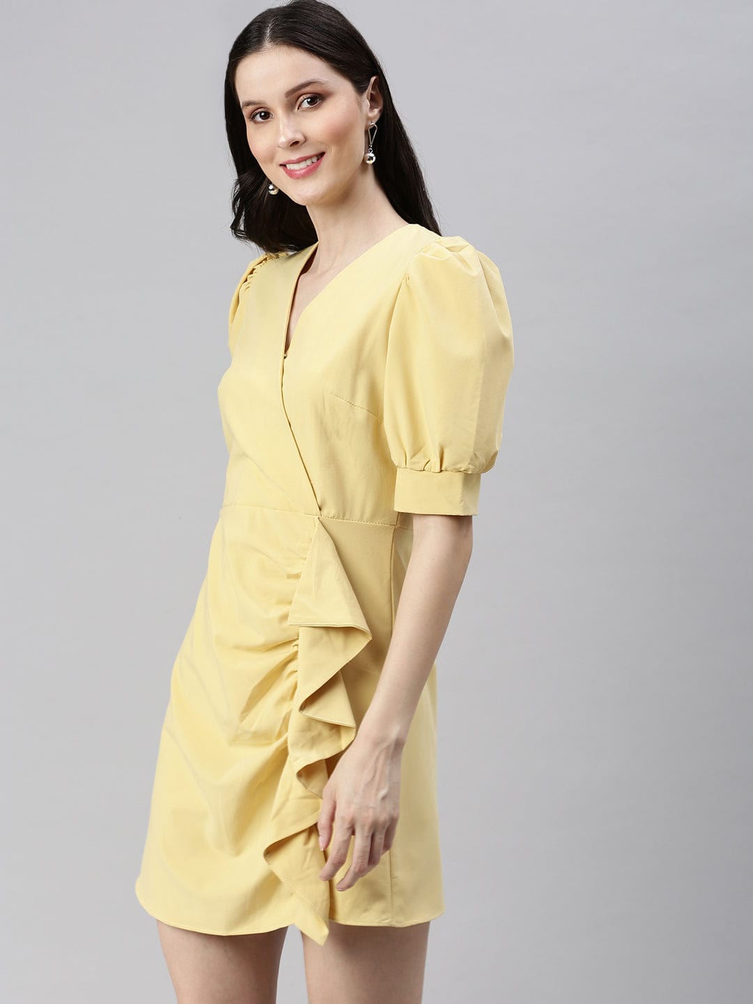 Women's V-Neck Solid Fit and Flare Yellow Dress
