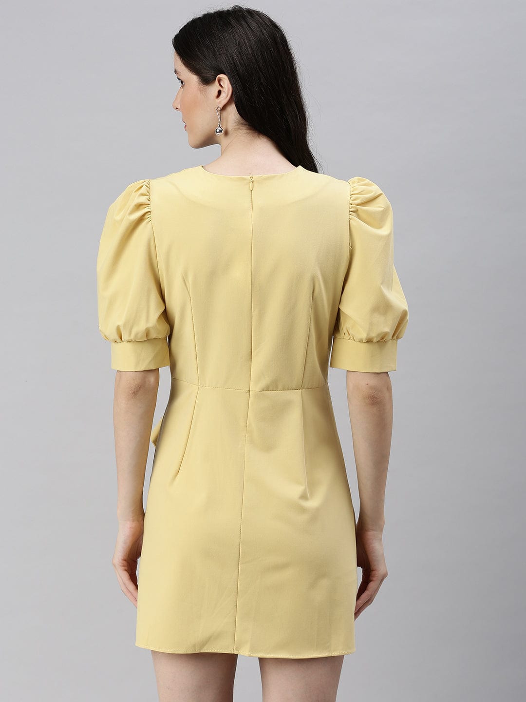 Women's V-Neck Solid Fit and Flare Yellow Dress