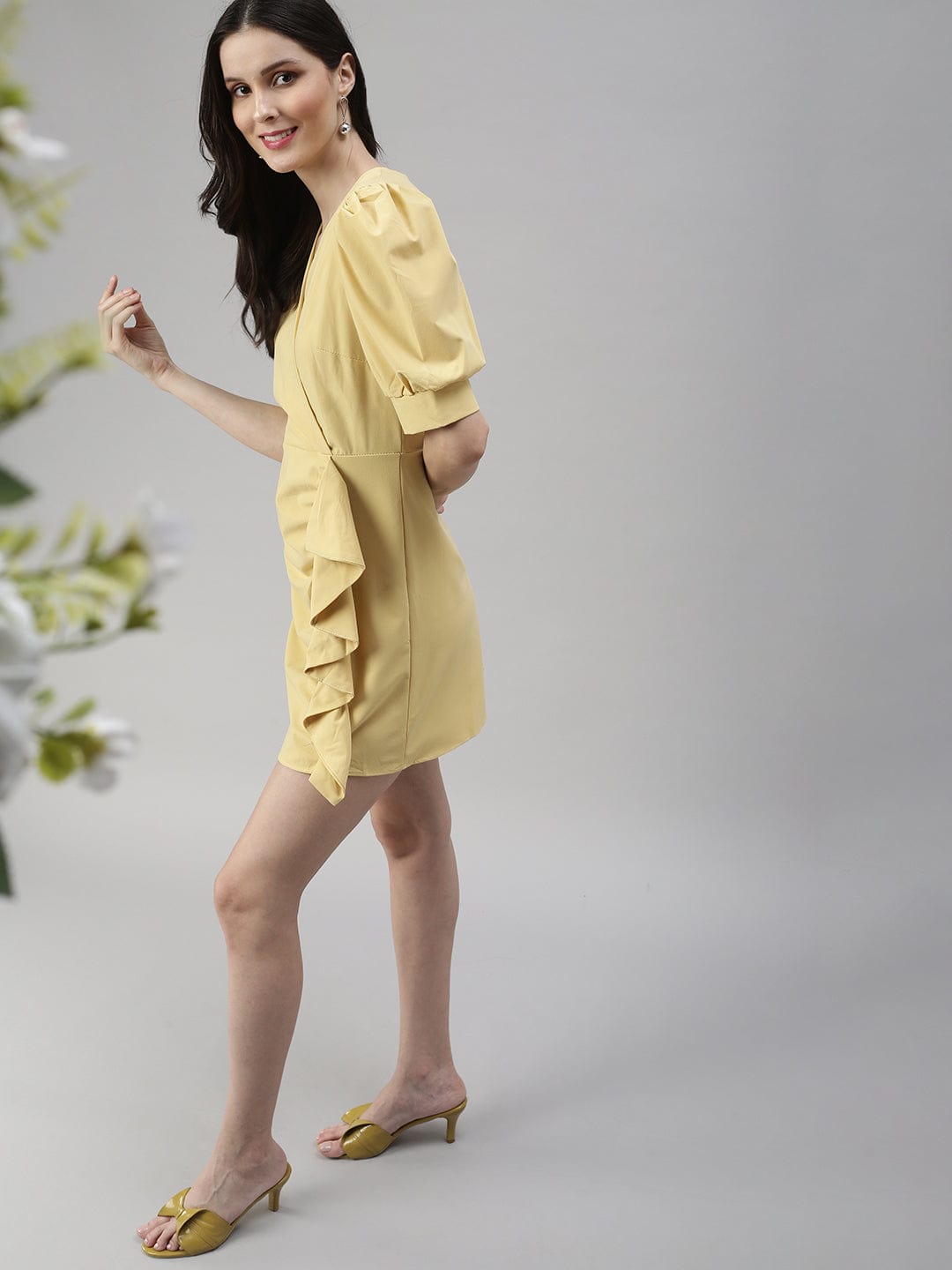 Women's V-Neck Solid Fit and Flare Yellow Dress