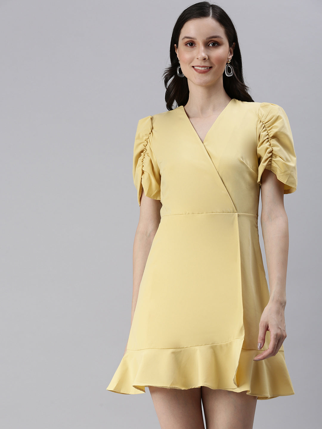 Women V-Neck Solid A-Line Yellow Dress