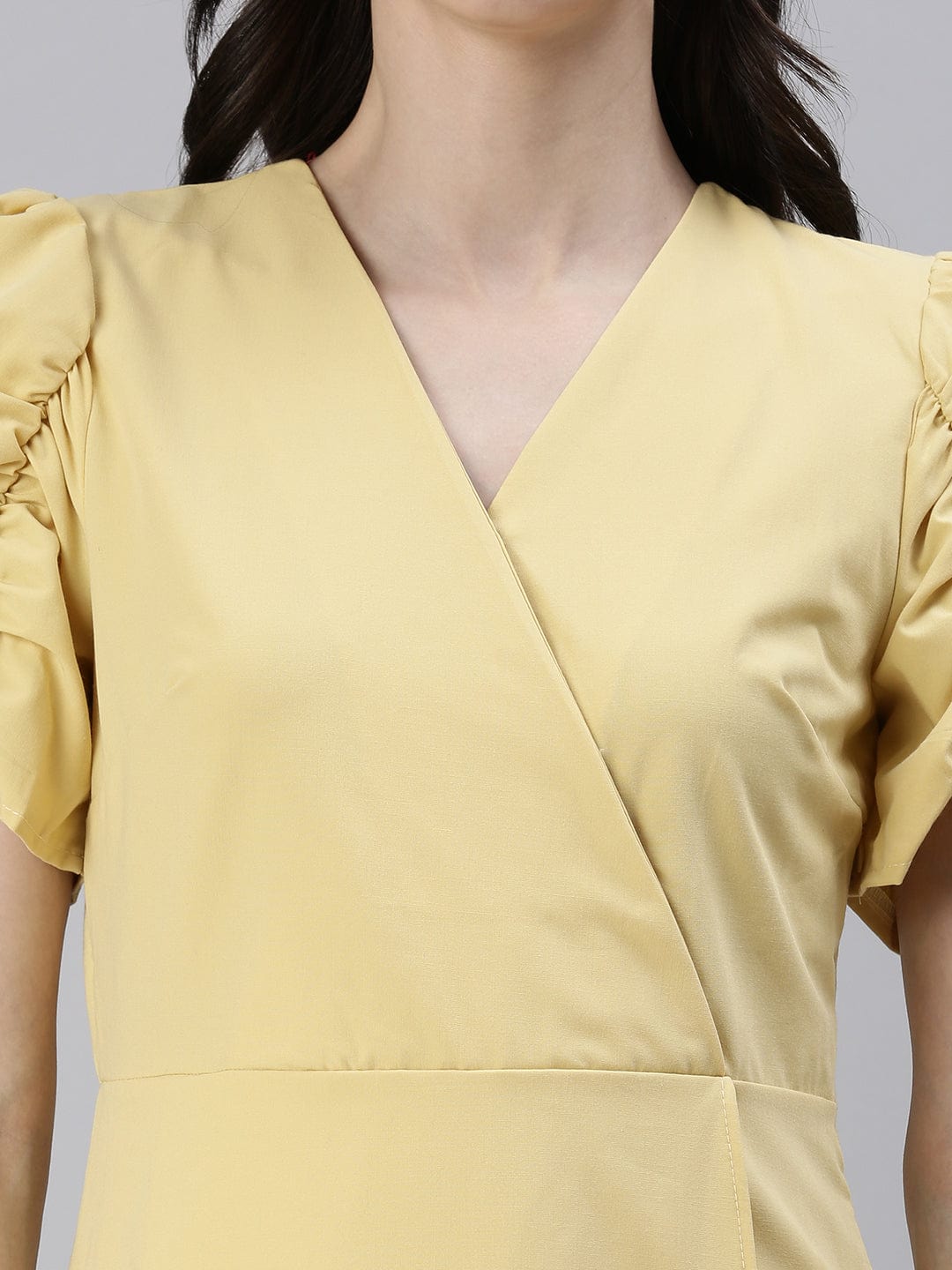 Women's V-Neck Solid A-Line Yellow Dress