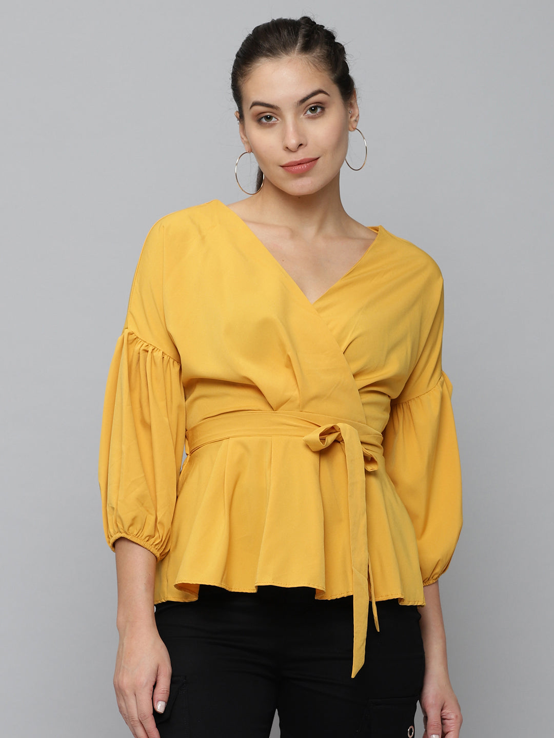 Women V-Neck Solid Mustard Peplum Top