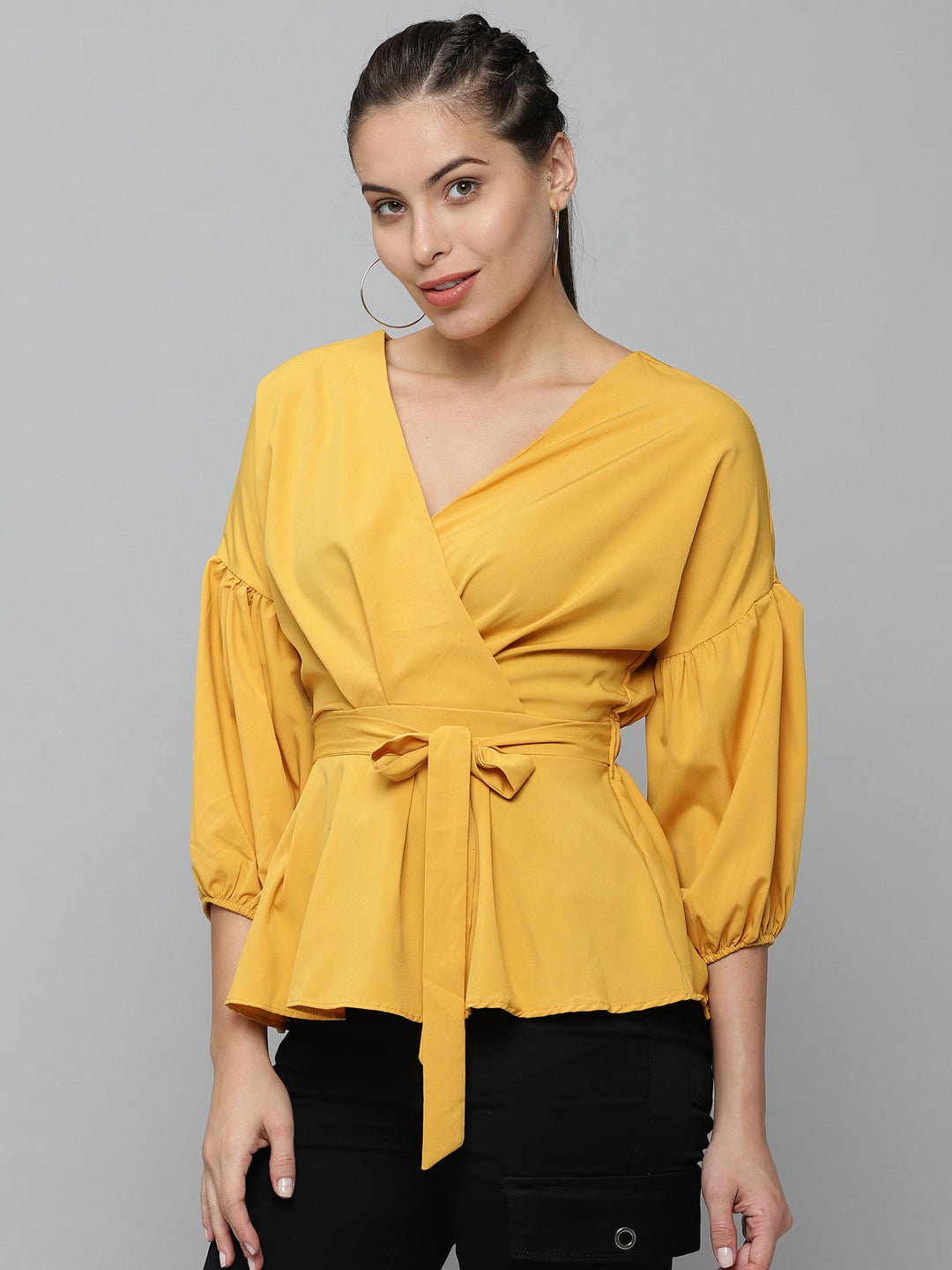 Women V-Neck Solid Mustard Peplum Top