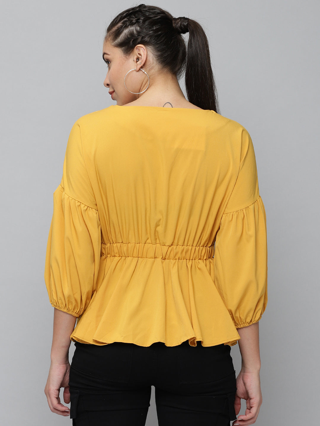 Women V-Neck Solid Mustard Peplum Top